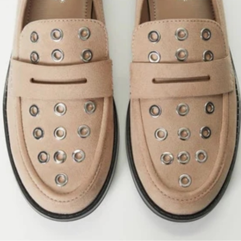 •Zuri• Beige Faux Suede Grommet Loafers | Edgy Chic Flats - Picture 6 of 6